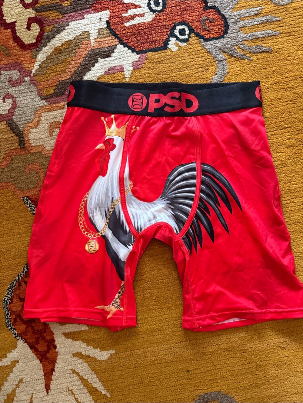PSD Red Boxer Briefs with Rooster Crown Graphic SMALL